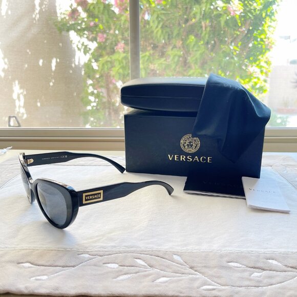 Versace Accessories - New Versace Sunglasses Mod 4378 Black Gloss Gold Logo Cateye Authentic